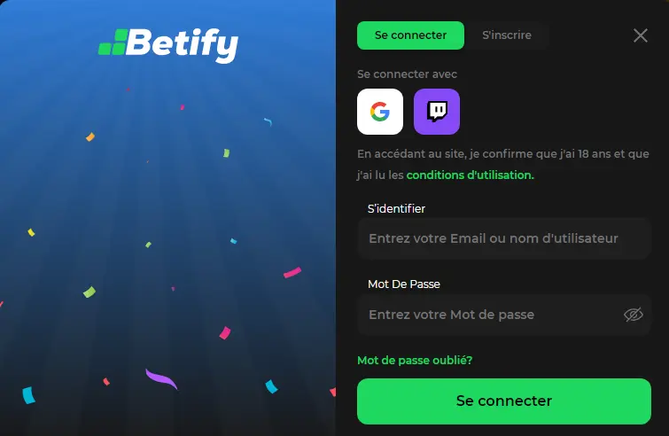 Connexion des membres du Betify casino